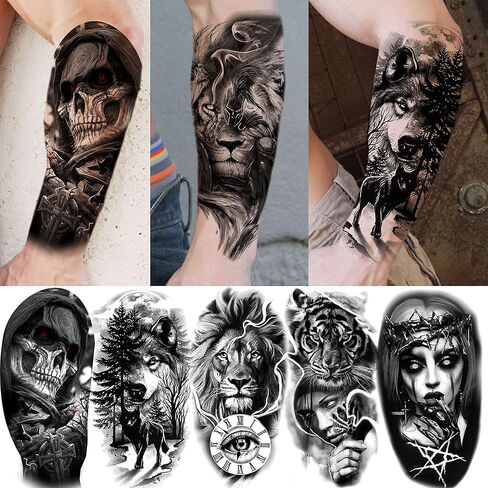 EGMBGM 59 Sheets 3D Black Skull Halloween Temporary Tattoos For Men Women Kids, Long Lasting Temp Fake Tattoos For Adults, Large Realistic Owl Wolf Lion Tiger Devil Tattoo Stickers Kids Body Art Arm in Kuwait