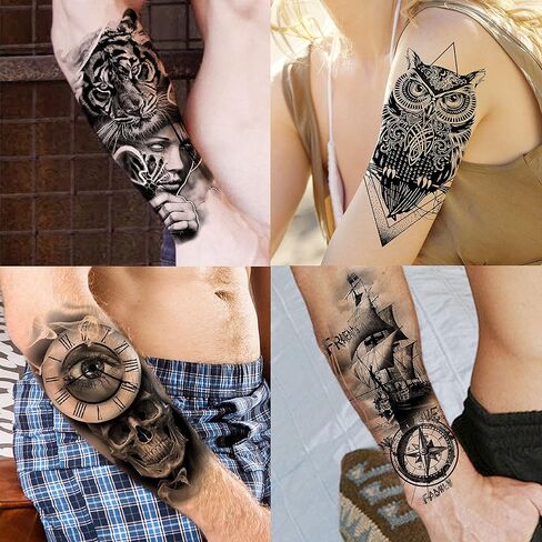 EGMBGM 59 Sheets 3D Black Skull Halloween Temporary Tattoos For Men Women Kids, Long Lasting Temp Fake Tattoos For Adults, Large Realistic Owl Wolf Lion Tiger Devil Tattoo Stickers Kids Body Art Arm in Kuwait