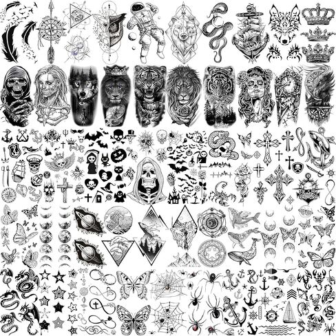 EGMBGM 59 Sheets 3D Black Skull Halloween Temporary Tattoos For Men Women Kids, Long Lasting Temp Fake Tattoos For Adults, Large Realistic Owl Wolf Lion Tiger Devil Tattoo Stickers Kids Body Art Arm in Kuwait