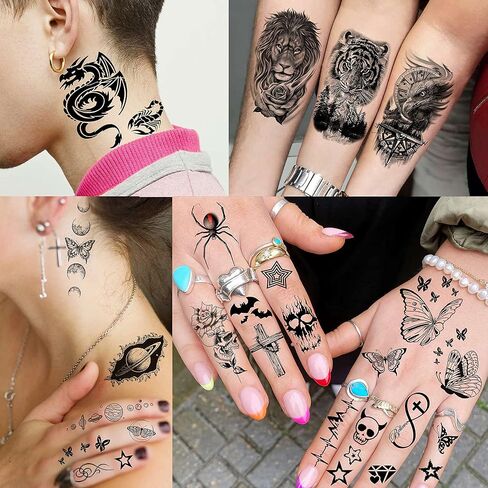 EGMBGM 59 Sheets 3D Black Skull Halloween Temporary Tattoos For Men Women Kids, Long Lasting Temp Fake Tattoos For Adults, Large Realistic Owl Wolf Lion Tiger Devil Tattoo Stickers Kids Body Art Arm in Kuwait