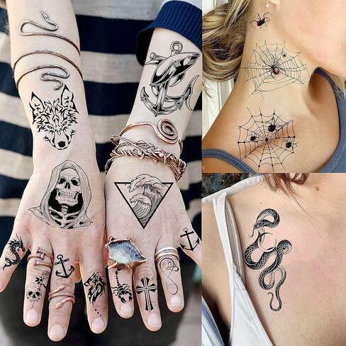 EGMBGM 59 Sheets 3D Black Skull Halloween Temporary Tattoos For Men Women Kids, Long Lasting Temp Fake Tattoos For Adults, Large Realistic Owl Wolf Lion Tiger Devil Tattoo Stickers Kids Body Art Arm in Kuwait