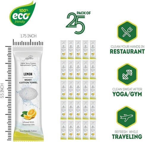 Oshibori Moist Terry Cotton Refreshment Towels (25 Pack, 8 x 8 Inches) - White Scented Pre-moistened Towel to Use Hot or Cold (Eucalyptus) in Saudi Arabia