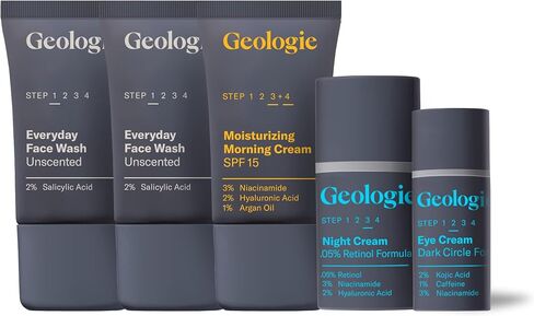 Geologie Complete Skincare Set | 30-Day 5-Piece Supply | Acne, Oil, Dark Spots | Salicylic Acid Face Wash (2 count), Retinol Night Cream, SPF15 Niacinamide Moisturizer, Dark Circle Eye Cream in Saudi Arabia