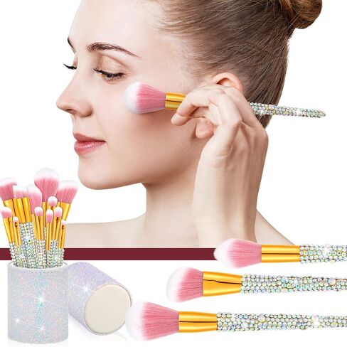 Rtteri 13 Pcs Rhinestone Makeup Brushes Set Bling Crystal Professional Face Cosmetics Blending Liquid Foundation Powder Concealer Eye Shadows Make up Beauty Tool Glitter with Holder (Black) in Saudi Arabia