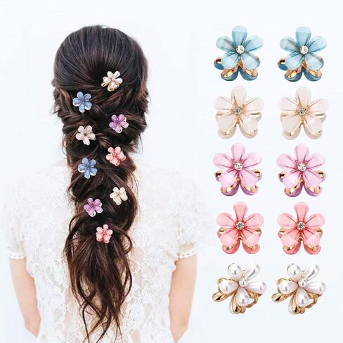 10 Pcs Mini Cute Flower-Shaped Hair Clips for Girls, Multicolor Crystal Hair Barrettes for Long Braid Hairstyles, Flower Hairpin for Women Hair Accessories (10 Pcs- Black) in Kuwait
