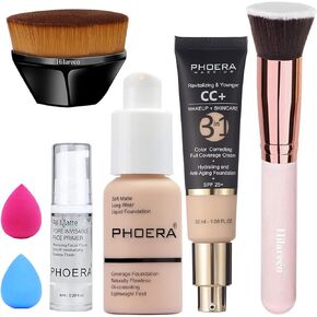 PHOERA Foundation,PHOERA CC+ Cream Color Correcting Anti Aging Hydrating Serum &SPF 25+,PHOERA Primer,PHOERA Makeup,Kabuki Makeup Brushes Foundation Brush Powder (101 Porcelain+100 Porcelain CC Cream)