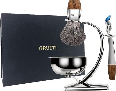 GRUTTI Shaving Kit for Men, 4 in 1 Shaving set Includes Badger Brush, Safety Mens Razor, Shaving Stand, Soap Bowl, Compatible with Fusion 5, Come with Gift Box for Boyfriend Husband Dad Fathers Day in Kuwait