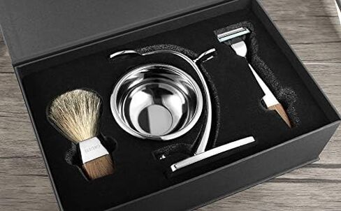 GRUTTI Shaving Kit for Men, 4 in 1 Shaving set Includes Badger Brush, Safety Mens Razor, Shaving Stand, Soap Bowl, Compatible with Fusion 5, Come with Gift Box for Boyfriend Husband Dad Fathers Day in Kuwait