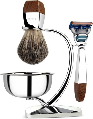 GRUTTI Shaving Kit for Men, 4 in 1 Shaving set Includes Badger Brush, Safety Mens Razor, Shaving Stand, Soap Bowl, Compatible with Fusion 5, Come with Gift Box for Boyfriend Husband Dad Fathers Day in Kuwait