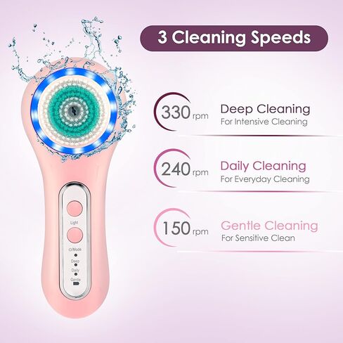 فرشاة تنظيف الوجه الكهربائية مع 3 أوضاع تشغيل و5 رؤوس فرشاة تنظيف الوجه قابلة للاستبدال، ومنظف مقاوم للماء لإزالة الأوساخ والزيوت وبقايا المكياج، ومقشر ومدلك للوجه قابل للشحن عبر USB (J02) in Kuwait