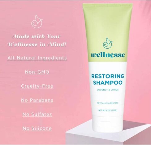 Wellnesse: Restoring Shampoo - For Straight and Curly Hair - 8 oz - Coconut and Citrus - Smoothens, Softens and Strengthens Hair - Cruelty-Free, Non-GMO, No Parabens, Sulfates or Silicone in Kuwait