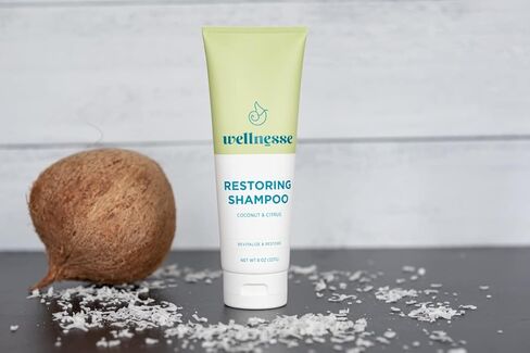 Wellnesse: Restoring Shampoo - For Straight and Curly Hair - 8 oz - Coconut and Citrus - Smoothens, Softens and Strengthens Hair - Cruelty-Free, Non-GMO, No Parabens, Sulfates or Silicone in Kuwait