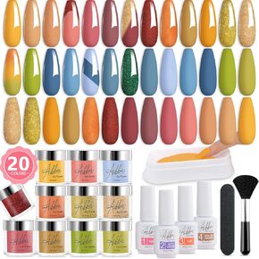 27 Pcs Quick Drying Dip Powder Nail Kit 20 Rainbow Colors Neon Green Yellow Dipping Powder Set with Base Top Coat Activator Recycling Tray Nail Art Tools DIY at Home Graduation Gift AK37