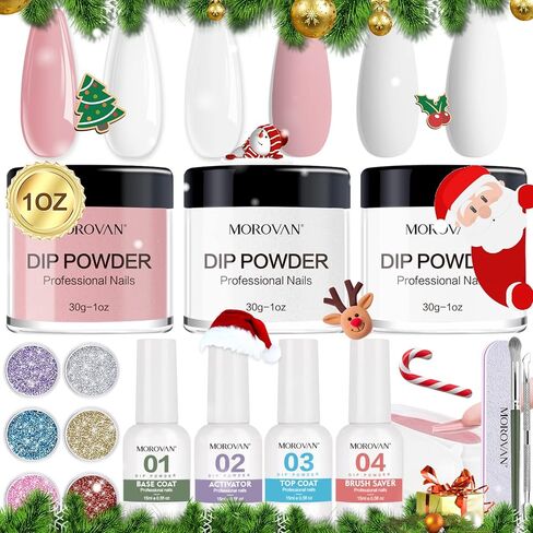 مجموعة مسحوق غمس الأظافر من موروفان - بودرة غمس 3 ألوان 1 أونصة 30 جرام مجموعة مسحوق غمس الأظافر الاحترافية مع طبقة علوية وطبقة أساسية مجموعة مسحوق غمس الأظافر للمبتدئين في فن الأظافر الفرنسي في المنزل in Kuwait