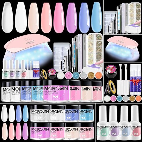 موروفان مجموعة مسحوق غمس الاظافر - مجموعة مسحوق غمس الاظافر للمبتدئين من 8 الوان مع مصباح اظافر 6 واط و100 قطعة من اطراف الاظافر الاساسية والطبقة العلوية المنشطة مجموعة مسحوق الاظافر الفرنسي اللامع in Kuwait
