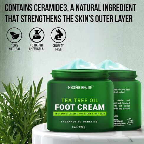 كريم القدم بزيت شجرة الشاي من ميستير بيوتي، كريم زيت شجرة الشاي للرياضيين للأقدام مع السيراميد ومستخلص الشاي الأخضر والبابونج - يرطب وينعم ويرطب الأقدام الجافة والمتشققة المتهيجة، كريم القدم مع زيت شجرة الشاي للأقدام الجافة والكعب ومسامير القدم - 236 مل in Kuwait