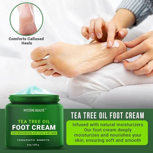 كريم القدم بزيت شجرة الشاي من ميستير بيوتي، كريم زيت شجرة الشاي للرياضيين للأقدام مع السيراميد ومستخلص الشاي الأخضر والبابونج - يرطب وينعم ويرطب الأقدام الجافة والمتشققة المتهيجة، كريم القدم مع زيت شجرة الشاي للأقدام الجافة والكعب ومسامير القدم - 236 مل in Kuwait