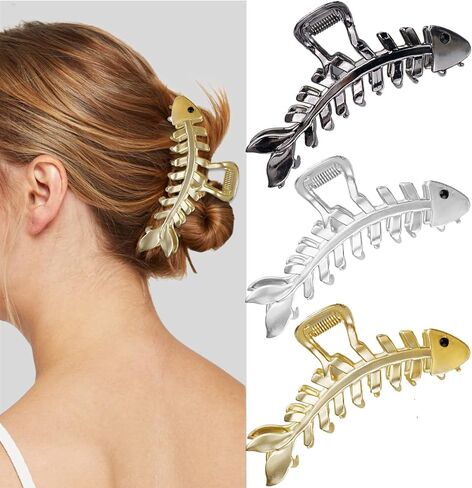 3PCS Gold Claw Clips Fish Bone Shape Metal Hair Claw Fun Claw Clips Nonslip Hair Clamps for Thick&Thin Hair French Hair Barrette Fashion Hair Accessories for Women Girls (Gold, Silver, Black) in Saudi Arabia