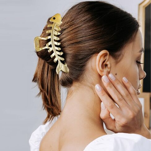 3PCS Gold Claw Clips Fish Bone Shape Metal Hair Claw Fun Claw Clips Nonslip Hair Clamps for Thick&Thin Hair French Hair Barrette Fashion Hair Accessories for Women Girls (Gold, Silver, Black) in Saudi Arabia