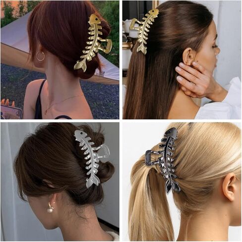 3PCS Gold Claw Clips Fish Bone Shape Metal Hair Claw Fun Claw Clips Nonslip Hair Clamps for Thick&Thin Hair French Hair Barrette Fashion Hair Accessories for Women Girls (Gold, Silver, Black) in Saudi Arabia