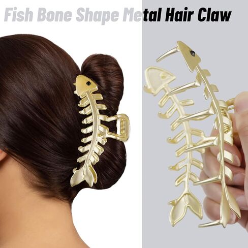 3PCS Gold Claw Clips Fish Bone Shape Metal Hair Claw Fun Claw Clips Nonslip Hair Clamps for Thick&Thin Hair French Hair Barrette Fashion Hair Accessories for Women Girls (Gold, Silver, Black) in Saudi Arabia