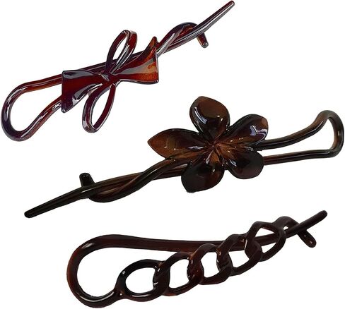 Parcelona French Twist n Clip Flower, Bow and Chain 4" Celluloid Metal Free Hair Barrette Clips Non Slip Women Hair Accessories Hair Clip for Girls, Made in France(Crystal Clear) in Saudi Arabia