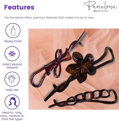 Parcelona French Twist n Clip Flower, Bow and Chain 4" Celluloid Metal Free Hair Barrette Clips Non Slip Women Hair Accessories Hair Clip for Girls, Made in France(Crystal Clear) in Saudi Arabia