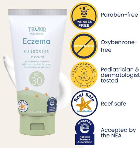 TruKid Eczema SPF 30+ واقي من الشمس - حماية من الأشعة فوق البنفسجية الطويلة والمتوسطة للبشرة الحساسة والمتهيجة، غير معطر، معتمد من NEA للأكزيما، آمن للشعاب المرجانية، صديق للبيئة، غير نانو، 3.4 أونصة in Kuwait