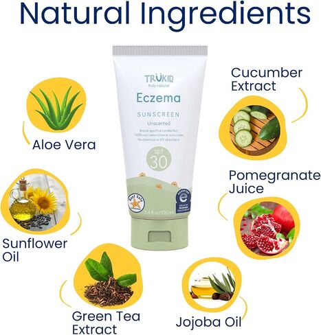 TruKid Eczema SPF 30+ واقي من الشمس - حماية من الأشعة فوق البنفسجية الطويلة والمتوسطة للبشرة الحساسة والمتهيجة، غير معطر، معتمد من NEA للأكزيما، آمن للشعاب المرجانية، صديق للبيئة، غير نانو، 3.4 أونصة in Kuwait