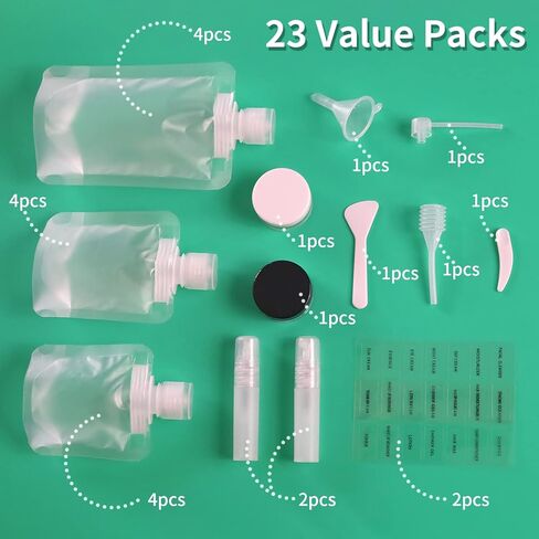 23 Pack Refillable Travel Pouches, Empty Squeeze Pouches 30ml/50ml/100ml, Transparent Leakproof Squeezable Bags, Cosmetic Jars for Shampoo Conditioner Lotion Soap Liquids in Kuwait