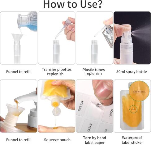 23 Pack Refillable Travel Pouches, Empty Squeeze Pouches 30ml/50ml/100ml, Transparent Leakproof Squeezable Bags, Cosmetic Jars for Shampoo Conditioner Lotion Soap Liquids in Kuwait