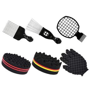 Hair Sponge Set, Magic Hair Twist Curl Sponge Glove, Afro Hair Sponge Barber Brush, Metal Hair Pick Comb and Hair Twist Curl Comb for Barber Hair Styling (Black-6Pcs)