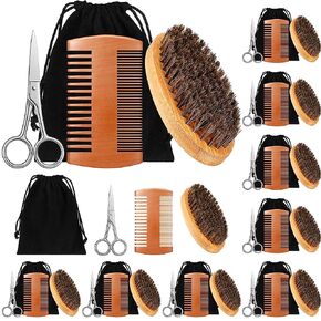 Maitys 10 Sets Beard Brush Comb Scissors Set for Men Natural Boar Bristle Brush Dual Action Pear Wood Comb with Wide Tooth Mustache Trimming Scissors with Travel Pouch, Straighten Soften Your Beard