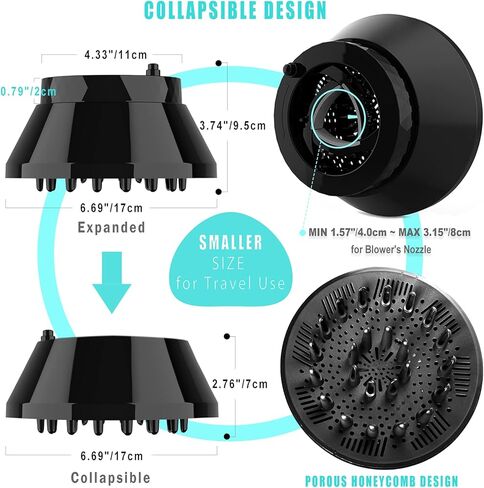Universal Hair Diffuser, Collapsible Hair Diffuser Attachment for Curly Wavy Natural Hair, Adjustable Hair Dryer Diffuser Attachment, Suitable for Blow Dryer Nozzles from 1.6 inch to 3.1 inch in Saudi Arabia