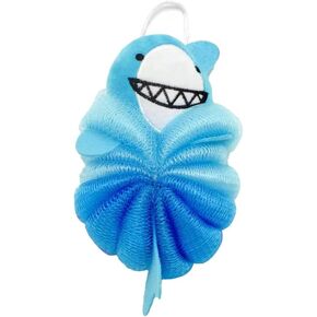 Cute Loofah Fun Colorful Cartoon Design Mesh Pouf 7" x 4" Shower Bath, Sponge Body Scrubber, Washing Ball for Kids Toddlers Adults by Awesome Aquatic (Blue Shark) in Kuwait