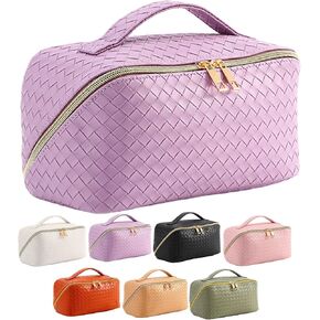 حقيبة مكياج ذات سعة كبيرة من egen، حقيبة مستحضرات تجميل جلدية منسوجة لمستحضرات التجميل، حقيبة سفر واسعة بطبقة مزدوجة للنساء، حقيبة مكياج قابلة للحمل بسحاب (أسود) in Kuwait