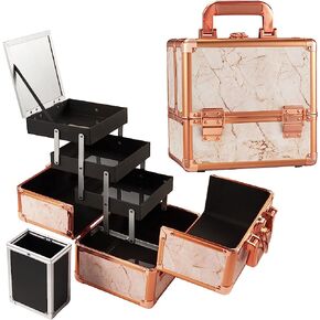 Costravio Makeup Train Case Rose Gold Cosmetic Box with Mirror & Brush Holder Home or Travel Organizer for Make-up and Jewelry Storage Box with 3-Tier Tackle Trays Portable Lockable Golden Marble in Kuwait