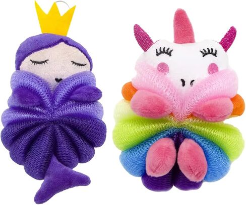 Cute Loofah Fun Colorful Cartoon Design Mesh Pouf 7" x 4" Shower Bath, Sponge Body Scrubber, Washing Ball for Kids Toddlers Adults by Awesome Aquatic (Blue Shark) in Saudi Arabia