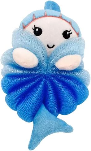 Cute Loofah Fun Colorful Cartoon Design Mesh Pouf 7" x 4" Shower Bath, Sponge Body Scrubber, Washing Ball for Kids Toddlers Adults by Awesome Aquatic (Blue Shark) in Saudi Arabia