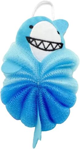 Cute Loofah Fun Colorful Cartoon Design Mesh Pouf 7" x 4" Shower Bath, Sponge Body Scrubber, Washing Ball for Kids Toddlers Adults by Awesome Aquatic (Blue Shark) in Kuwait