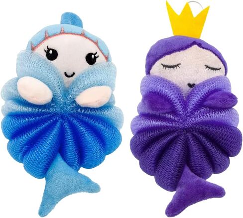 Cute Loofah Fun Colorful Cartoon Design Mesh Pouf 7" x 4" Shower Bath, Sponge Body Scrubber, Washing Ball for Kids Toddlers Adults by Awesome Aquatic (Blue Shark) in Saudi Arabia