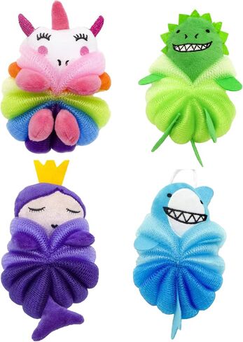 Cute Loofah Fun Colorful Cartoon Design Mesh Pouf 7" x 4" Shower Bath, Sponge Body Scrubber, Washing Ball for Kids Toddlers Adults by Awesome Aquatic (Blue Shark) in Saudi Arabia