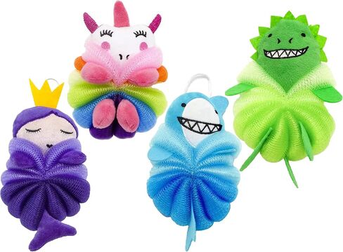 Cute Loofah Fun Colorful Cartoon Design Mesh Pouf 7" x 4" Shower Bath, Sponge Body Scrubber, Washing Ball for Kids Toddlers Adults by Awesome Aquatic (Blue Shark) in Saudi Arabia