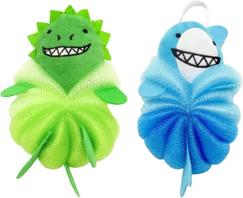 Cute Loofah Fun Colorful Cartoon Design Mesh Pouf 7" x 4" Shower Bath, Sponge Body Scrubber, Washing Ball for Kids Toddlers Adults by Awesome Aquatic (Blue Shark) in Saudi Arabia