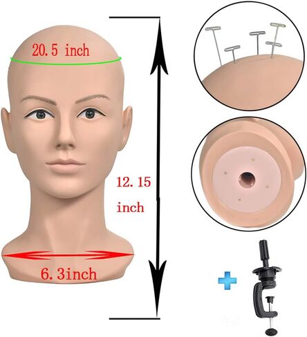 ErSiMan Female Life Size Bald Mannequin Head Professional Cosmetology for Wig Making, Display wigs, eyeglasses, hairs, T pins,with Free Clamp in Saudi Arabia