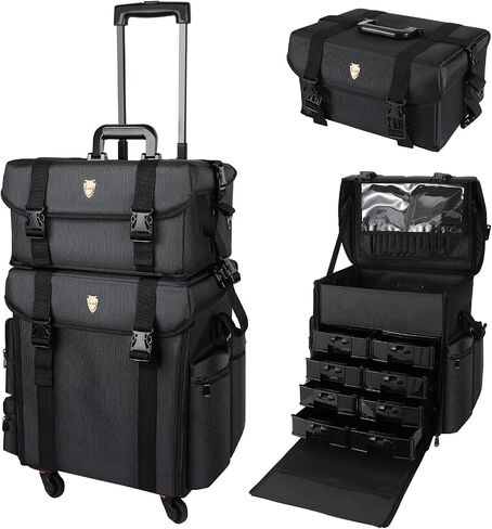 YANKI 2 in 1 Nylon Rolling Makeup Case with Wheels Travel Cosmetic Cases Detachable Professional Rolling Trolley Makeup Travel Case Oxford Vanity Portable Makeup Artist Organizer Box in Saudi Arabia