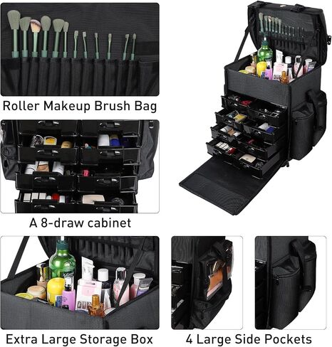 YANKI 2 in 1 Nylon Rolling Makeup Case with Wheels Travel Cosmetic Cases Detachable Professional Rolling Trolley Makeup Travel Case Oxford Vanity Portable Makeup Artist Organizer Box in Saudi Arabia