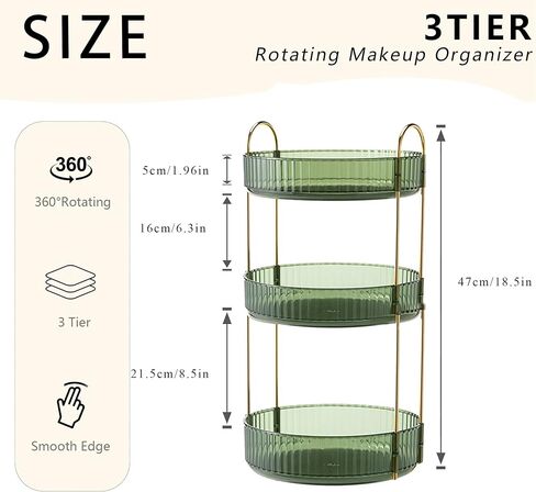 منظم مكياج دوار من بيلي من أجل فانيتي 3 طبقات، صندوق تخزين مكياج بسعة كبيرة، حامل مكياج الحمام، مناسب لمستحضرات التجميل والعطور والعناية بالبشرة وفرش المكياج وأحمر الشفاه (3 طبقات، أخضر) in Kuwait