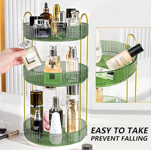 منظم مكياج دوار من بيلي من أجل فانيتي 3 طبقات، صندوق تخزين مكياج بسعة كبيرة، حامل مكياج الحمام، مناسب لمستحضرات التجميل والعطور والعناية بالبشرة وفرش المكياج وأحمر الشفاه (3 طبقات، أخضر) in Kuwait
