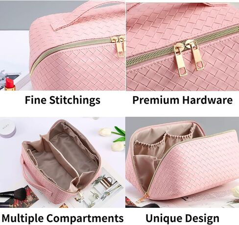 حقيبة مكياج ذات سعة كبيرة من egen، حقيبة مستحضرات تجميل جلدية منسوجة لمستحضرات التجميل، حقيبة سفر واسعة بطبقة مزدوجة للنساء، حقيبة مكياج قابلة للحمل بسحاب (أسود) in Kuwait